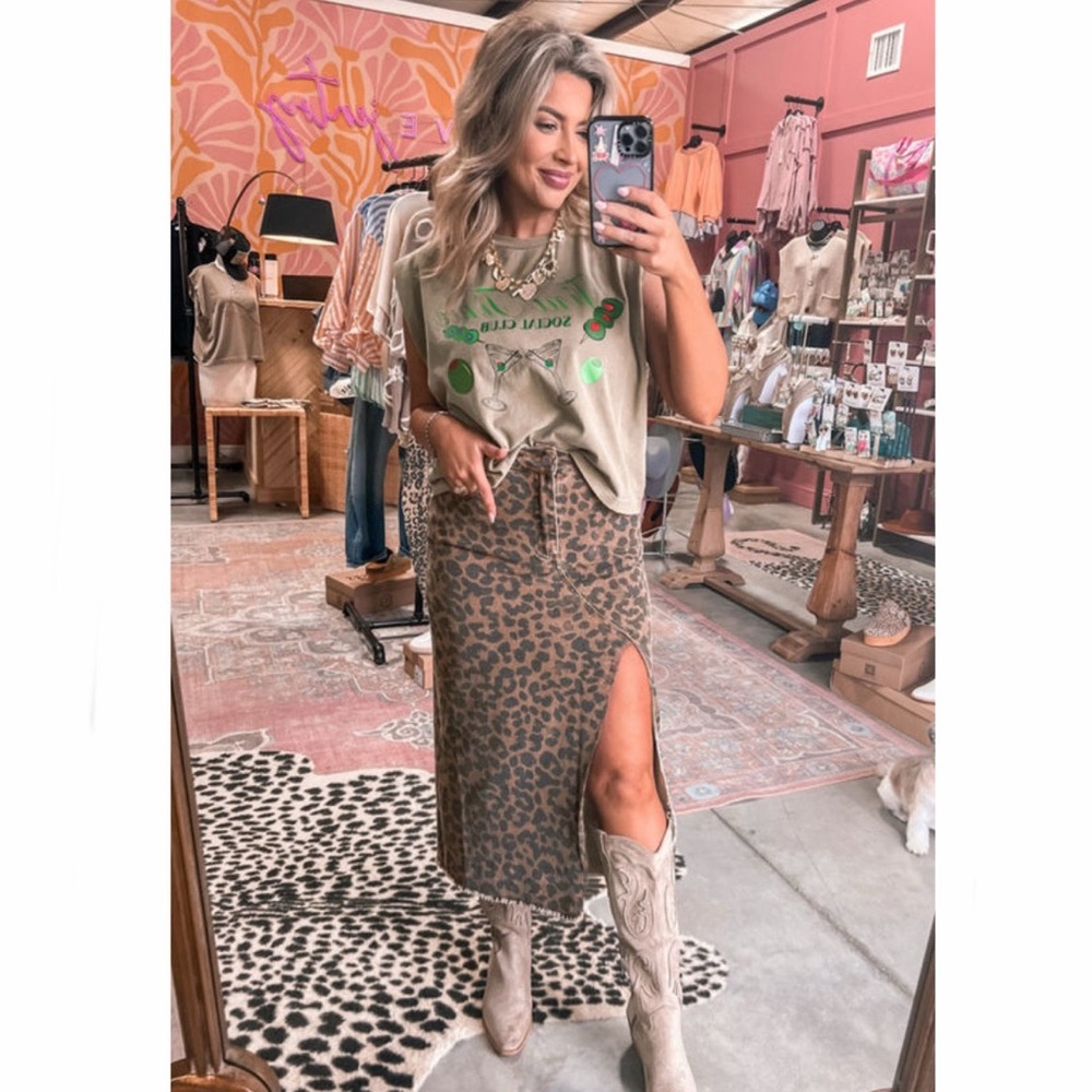Brown Leopard Frayed Split Denim Midi Skirt - Picture 1 of 6